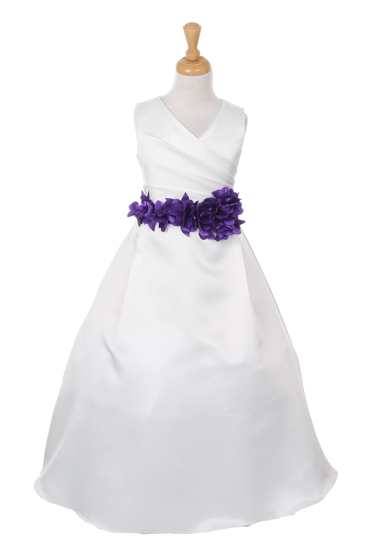 ivory dress with purple flower sash